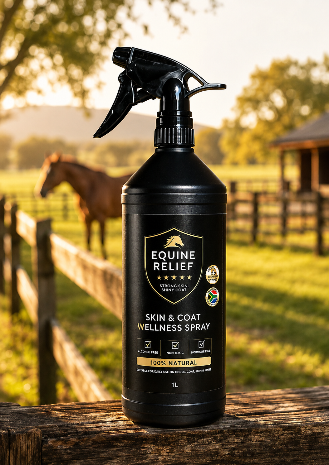 Equine Relief 1L bottle on a paddock fence at golden hour