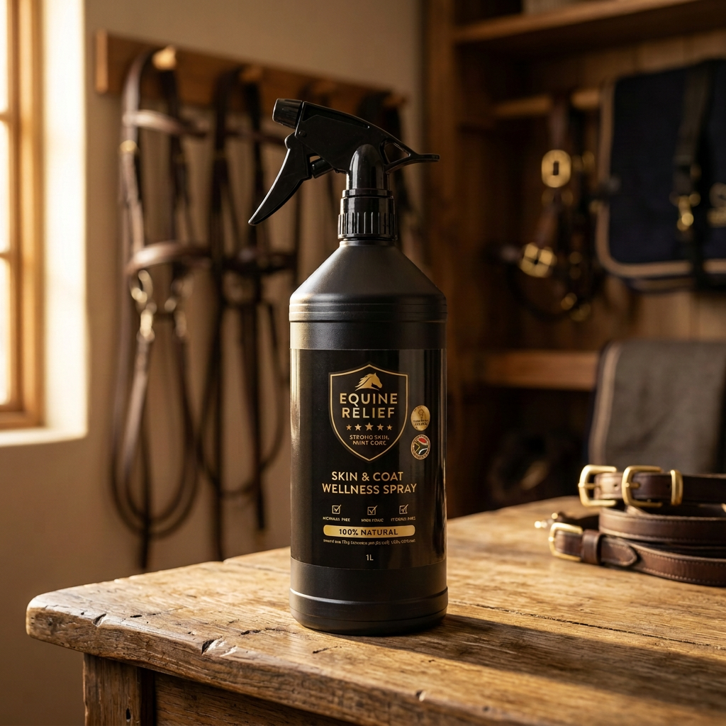 Equine Relief 1L spray bottle on a wooden table in a warm tack room