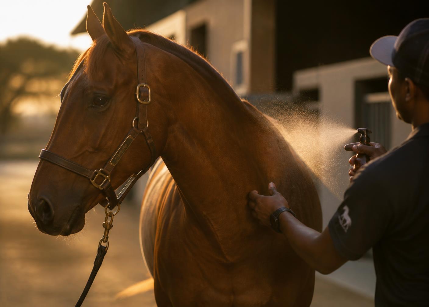 Groom spraying Equine Relief onto a chestnut horse's coat